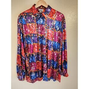 ORARE Vintage Made in USA Multi-Color Silver Long Sleeve Button Up Blouse Size M